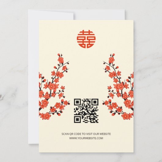 QR Code Red Cherry Blossom | Chinesische Hochzeit Einladung (Rückseite)