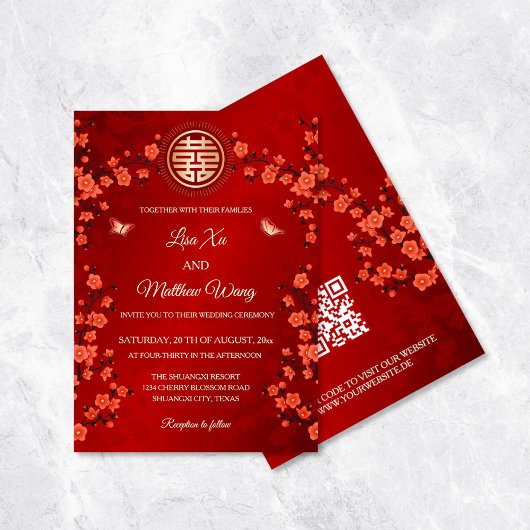 QR Code Red Cherry Blossom | Chinesische Hochzeit Einladung