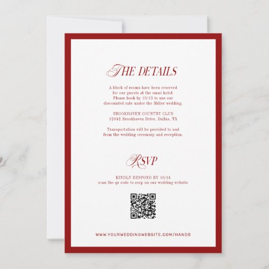 QR Code Red Classic Simple Wedding Einladung (Rückseite)