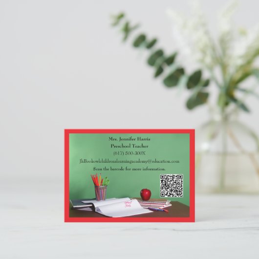 QR Code Red Grade School Preschool Teacher Visitenkarte (Stehend Vorderseite)