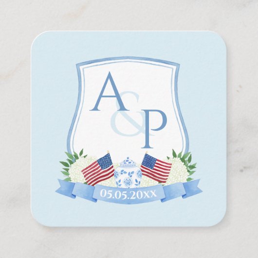 QR Code Red White Blue Monogram Wedding Website Begleitkarte (Rückseite)