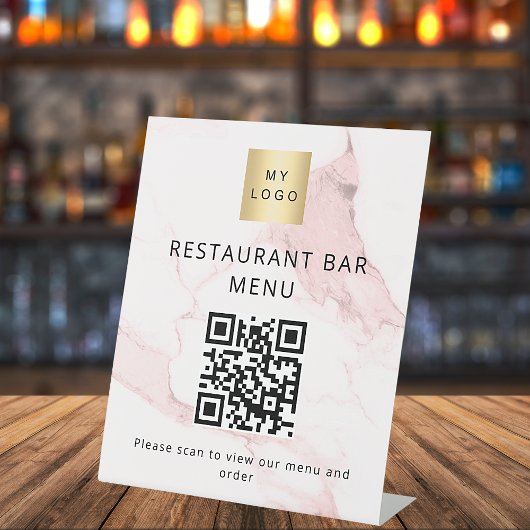 QR-Code Restaurant Café Bar Scan Menü rosa Marmor Sockelschild