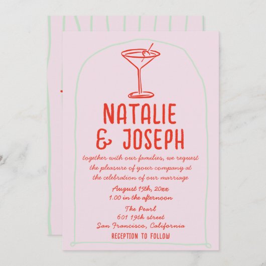 QR Code Retro farbenfrohe Hand gezeichnet Martini  Einladung (Vorne/Hinten)