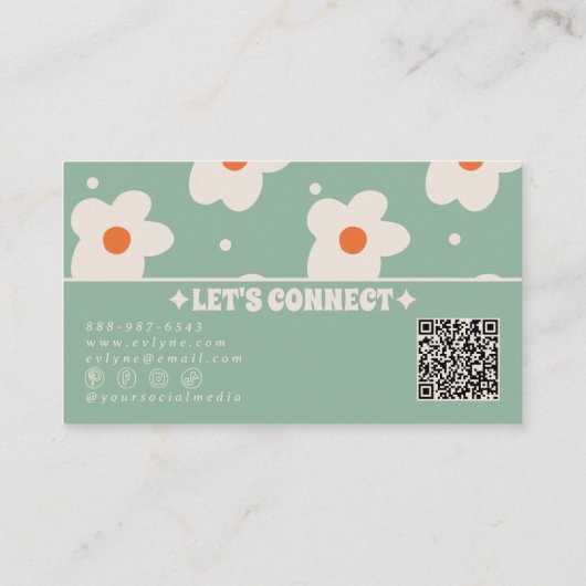 QR Code Retro Green Groovy Floral Boho Unique Fun Visitenkarte (Rückseite)