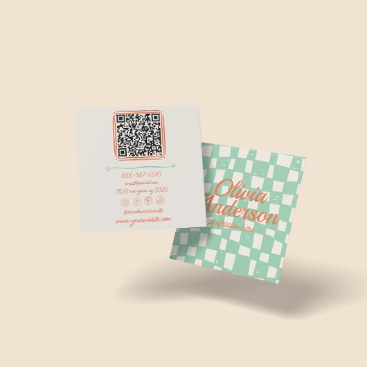 QR Code Retro Green Hand Drawn Checkered Groovy Quadratische Visitenkarte