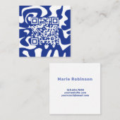 QR Code Retro Groovy Blue White Squiggles Hallo Quadratische Visitenkarte (Vorne/Hinten)