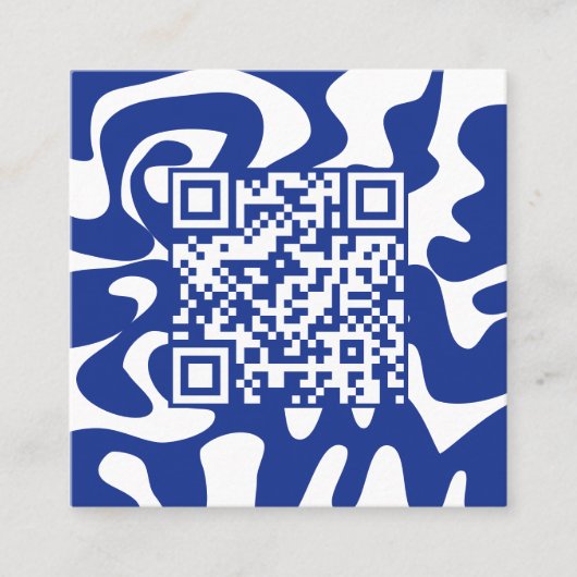 QR Code Retro Groovy Blue White Squiggles Hallo Quadratische Visitenkarte (Vorderseite)