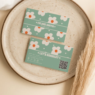 QR-Code Retro Grün Groovy Floral Boho Einzigartig Visitenkarte