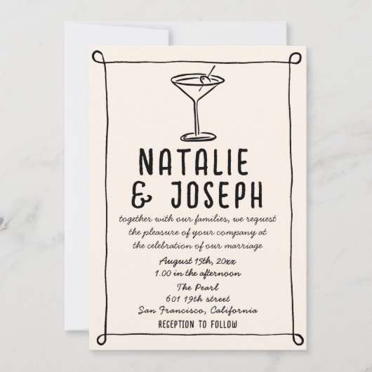 QR Code Retro Hand Drawn Writing Cocktail Hochzeit Einladung (Vorderseite)