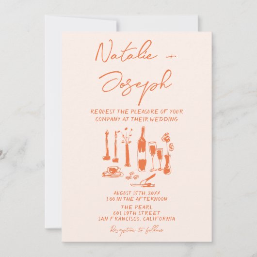 QR-Code Retro Hand gezeichnete helle farbige Hochz Einladung (Vorderseite)