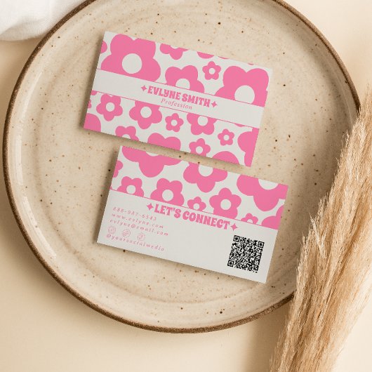 QR Code Retro Pink Groovy Floral Boho Girly Trendy Visitenkarte