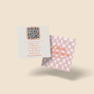 QR Code Retro Rosa Orange Gezeichnet Kariert Weibl Quadratische Visitenkarte