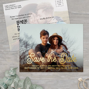 QR-Code Retro Schrift 2 Foto Hochzeit Save the Dat Folie Einladungspostkarte