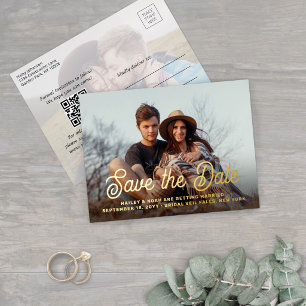 QR-Code Retro-Schrift 2 Foto Hochzeit Save the Dat Folie Einladungspostkarte