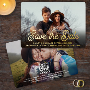 QR-Code Retro Schrift 2 Foto Hochzeit Save the Dat Folieneinladung