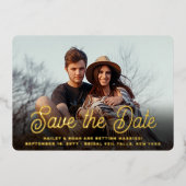 QR Code Retro Script 2 Foto Hochzeit Speichern Sie Folieneinladung (Vorderseite)