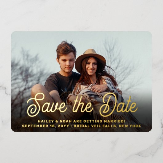 QR Code Retro Script 2 Foto Hochzeit Speichern Sie Folieneinladung (Vorderseite)