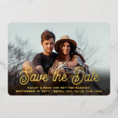 QR Code Retro Script 2 Foto Hochzeit Speichern Sie Folieneinladung (Vorderseite)