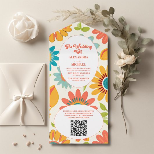 QR-Code Retro Typografie Sommer Sonnenhochzeit All In One Einladung