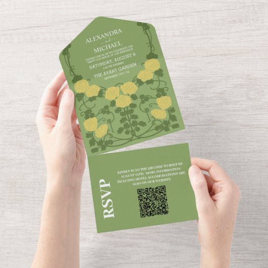 QR Code Romantische Jugendstil-Hochzeit All In One Einladung (Abreißen)