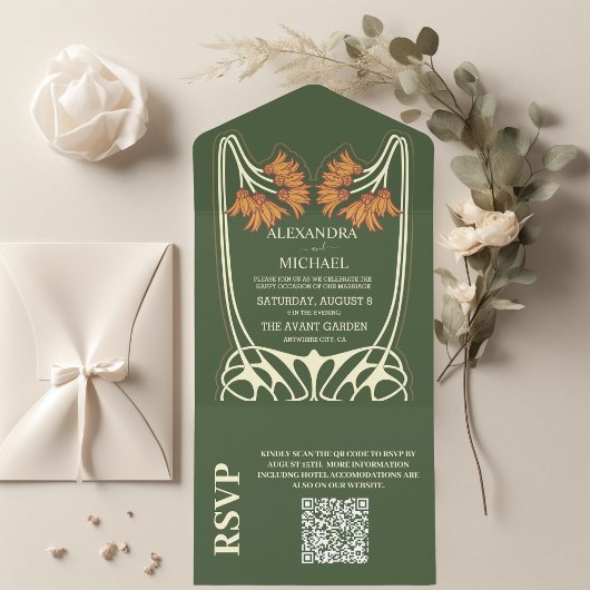 QR Code Romantische Jugendstil-Hochzeit All In One Einladung