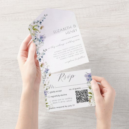 QR Code Romantische Wildblume All In One Einladung (Abreißen)