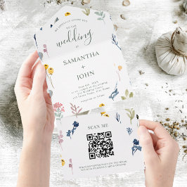 QR Code Romantische Wildblume Typografie Hochzeit All In One Einladung