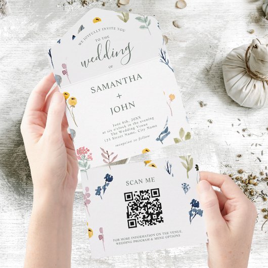 QR Code Romantische Wildblume Typografie Hochzeit All In One Einladung