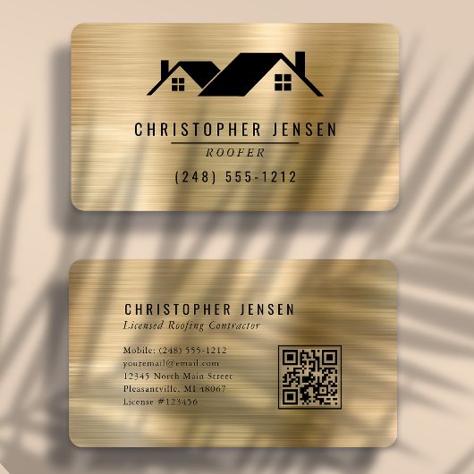 QR Code Roofing Black Gold Metallic Rounded Visitenkarte