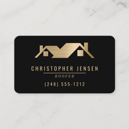 QR Code Roofing Business Black Gold Rounded Visitenkarte (Vorderseite)