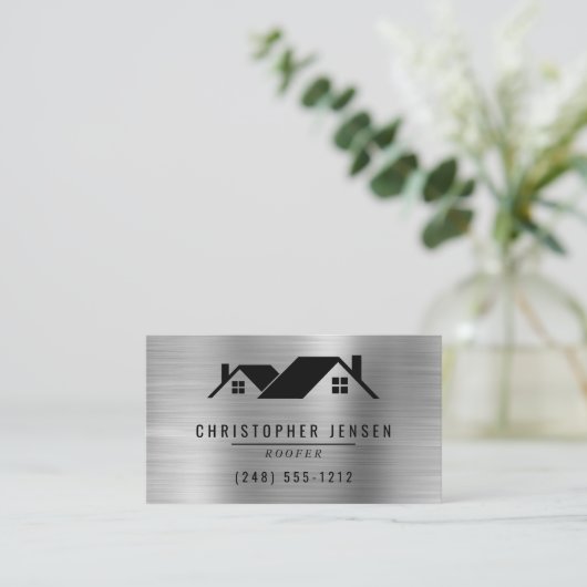 QR Code Roofing Business Black Silver Metallic Visitenkarte (Stehend Vorderseite)