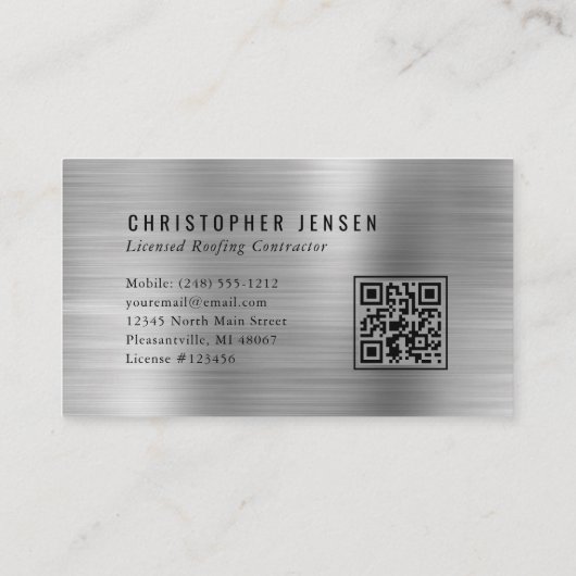 QR Code Roofing Business Black Silver Metallic Visitenkarte (Rückseite)
