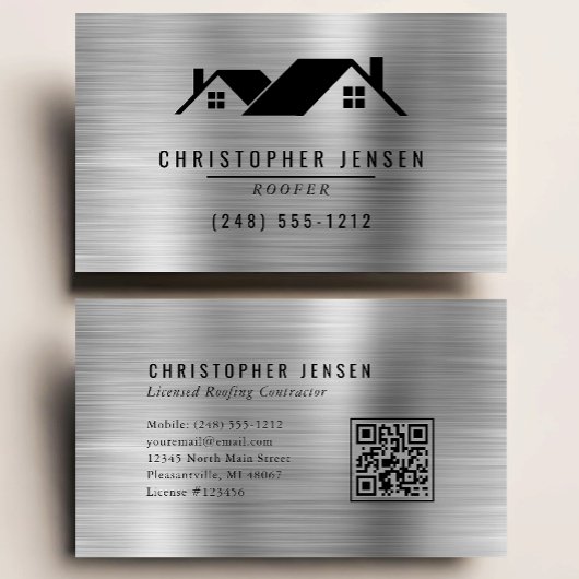 QR Code Roofing Business Black Silver Metallic Visitenkarte
