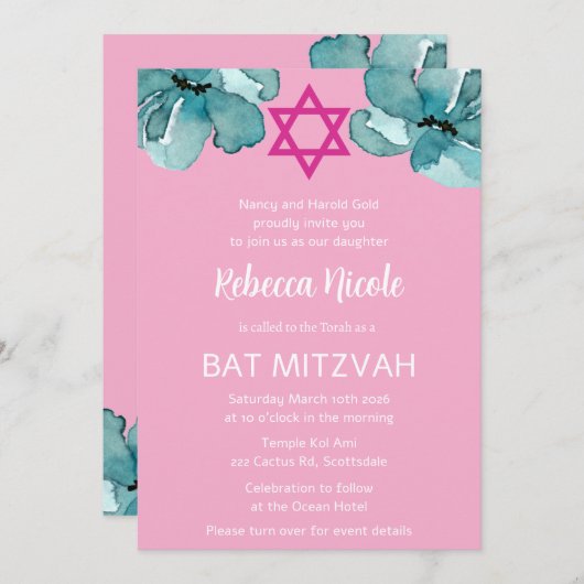 QR-Code Rosa Aquarell Floral Bat Mitzvah Einladung (Vorne/Hinten)