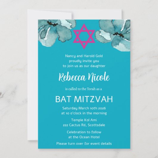 QR-Code Rosa Aquarell Floral Bat Mitzvah Einladung (Vorderseite)