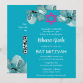 QR-Code Rosa Aquarell Floral Bat Mitzvah Einladung (Vorne/Hinten)