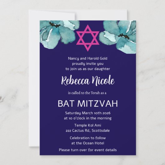 QR-Code Rosa Aquarell Floral Bat Mitzvah Einladung (Vorderseite)