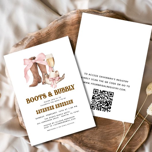 QR-Code Rosa Bow Boots & Bubbly Brautparty Einladung