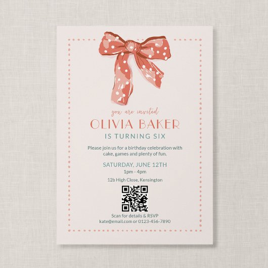 QR-Code Rosa Coquette-Schleife Mädchen Geburtstag Einladung