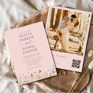 QR Code Rosa Foto Wildblume Hochzeit Einladung