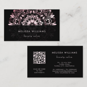 QR-Code Rosa glänzendes schwarzes florales Manda Visitenkarte