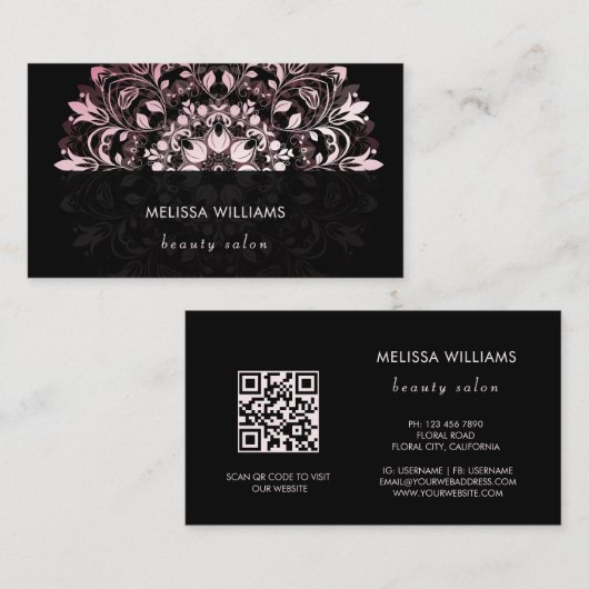 QR-Code | Rosa glänzendes schwarzes florales Manda Visitenkarte (Vorne/Hinten)