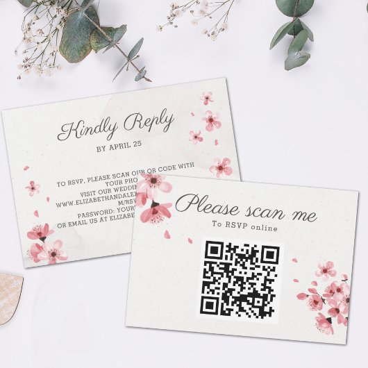QR Code Rosa Kirschblüte Chic Blütenhochzeit RSVP Karte