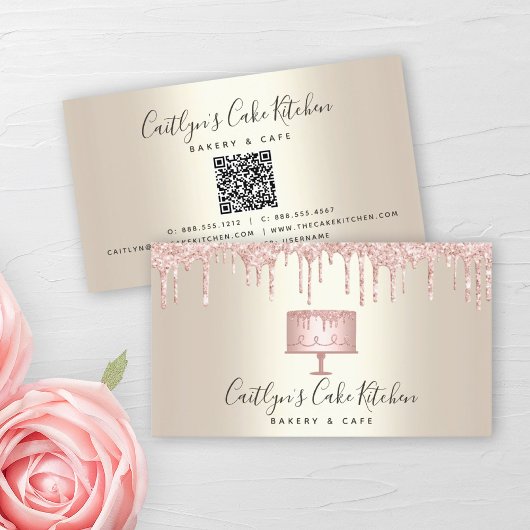 QR-Code Rosa Kuchen Bäckerei Dessert Glitzer Tropf Visitenkarte