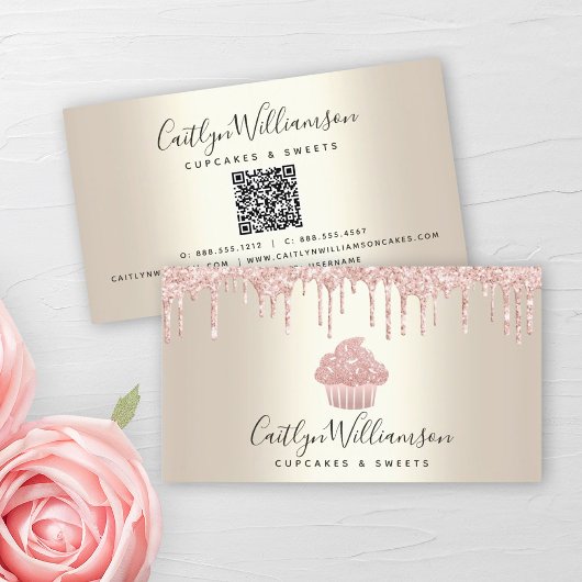 QR-Code Rosa Kuchen Bäckerei Koch Glitzer Tropfen  Visitenkarte
