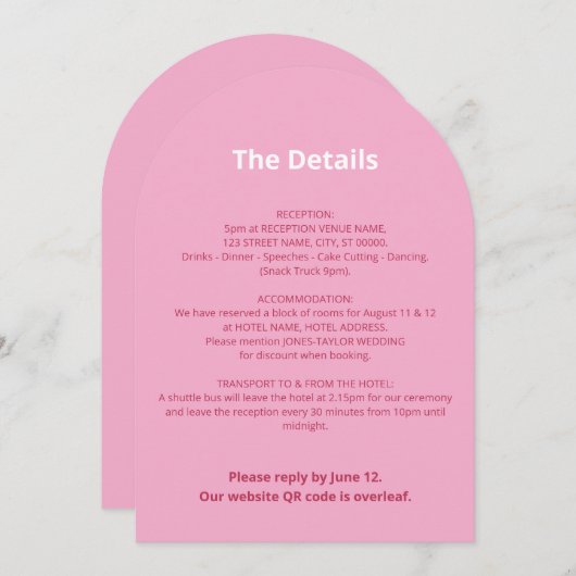 QR Code Rosa Magenta Wedding Details Card Einladung (Vorne/Hinten)