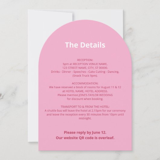 QR Code Rosa Magenta Wedding Details Card Einladung (Vorderseite)