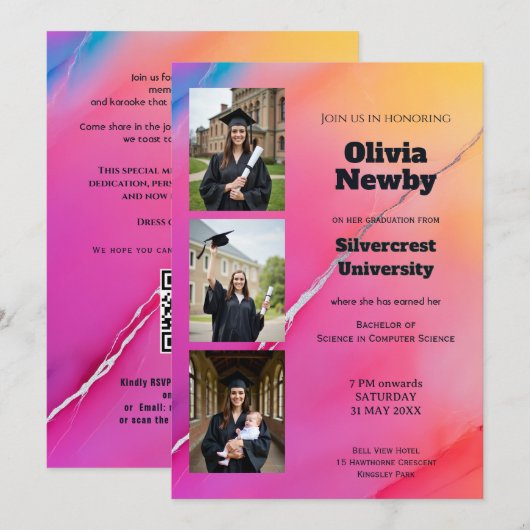 🎓 QR-Code Rosa Regenbogen-Marmorkugel Abschlussfe Einladung (Vorne/Hinten)