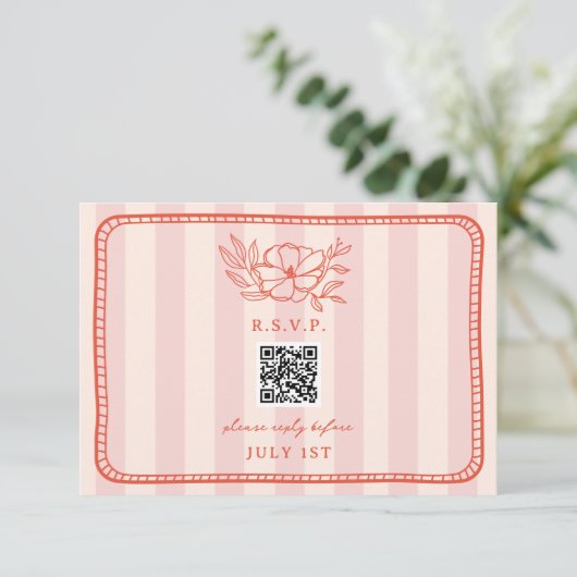 QR Code Rosa Streifen Blumenzange QR UAWG RSVP Karte (Stehend Vorderseite)