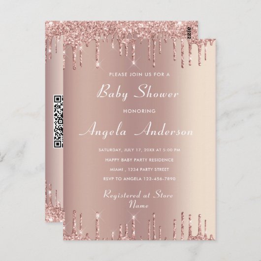 QR Code Rose Gold Baby Boy Shower Einladungskarte (Vorne/Hinten)